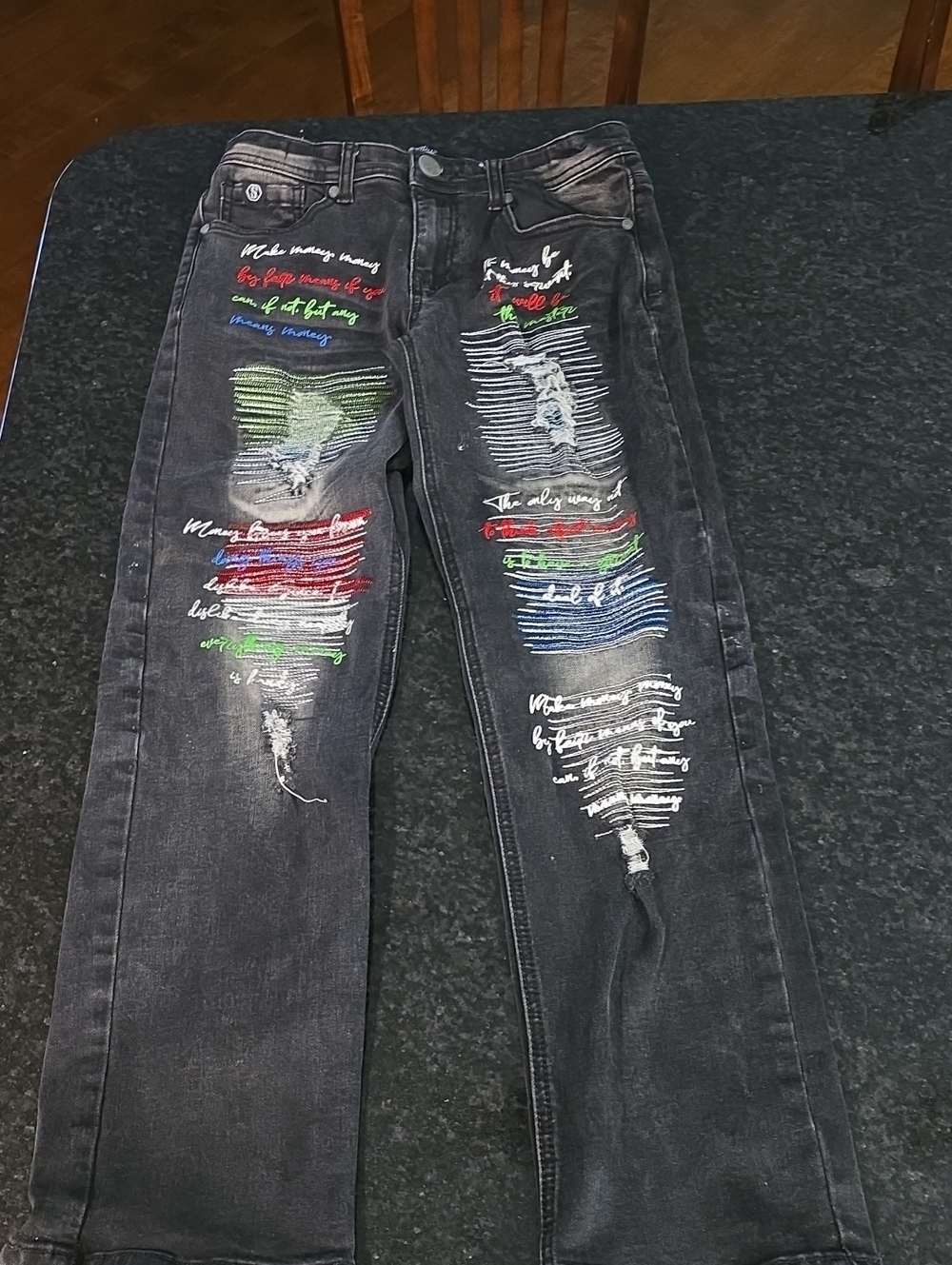 Black Distressed Boy’s Jeans with Multicolor Embroidered Detail